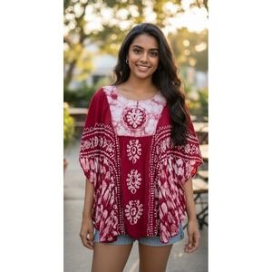 Jackpot Kaftan Womens One Size Red & White Batik Batwing Sleeve Embroidered Boho